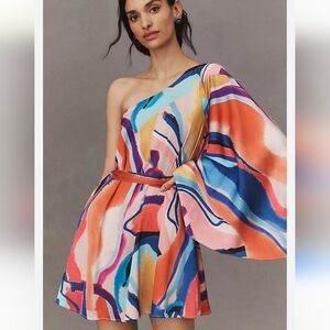 Anthropologie Orange and Blue Asymmetrical Ruffled Sundress